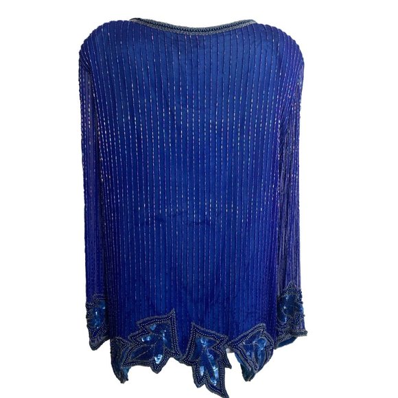 Vintage Anjumun Womens Beaded Blouse Tunic Size L/XL Blue Silk Evening Pullover - Picture 2 of 13